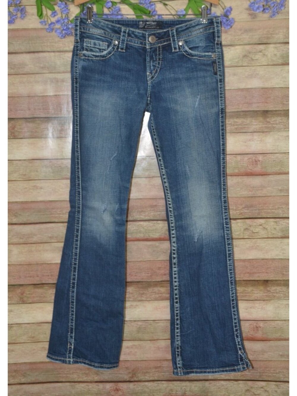Silver Jeans Twisted Bootcut Jeans Womens 28 x33 Blue Cowgirl Distressed Denim